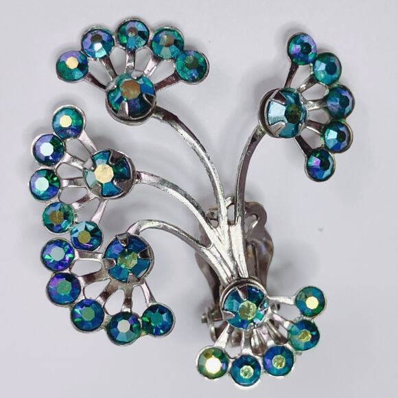 VTG Mid Century Peacock Blue AB Rhinestone Silver Tone Clip On Atomic Earrings - Picture 3 of 10